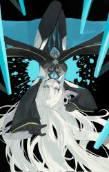 1girl black_dress black_gloves black_thighhighs blue_eyes dress fate/grand_order fate_(series) gloves hair_between_eyes highres long_hair looking_at_viewer morgan_le_fay_(fate) morgan_le_fay_(queen_of_winter)_(fate) rurubusandayo simple_background solo thighhighs very_long_hair white_hair