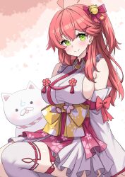 1girl 35p_(sakura_miko) ahoge bare_shoulders bell blush breasts cherry_blossoms closed_mouth commentary_request detached_sleeves green_eyes hair_bell hair_between_eyes hair_ornament highres hololive japanese_clothes jingle_bell kibihimi kimono large_breasts long_hair looking_at_viewer medium_breasts nontraditional_miko one_side_up petals pink_hair sakura_miko sakura_miko_(1st_costume) sideboob simple_background smile solo thighhighs virtual_youtuber white_background white_kimono x_hair_ornament