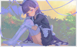 1girl absurdres alternate_costume apron black_dress blunt_bangs bush closed_mouth day dress frilled_apron frilled_dress frills from_side full_body gloves gradient_hair hand_on_own_knee highres hololive hololive_english kiwwwwwi knees_to_chest knees_up long_hair maid maid_apron maid_headdress mole mole_under_eye multicolored_hair ninomae_ina&#039;nis no_shoes orange_hair outdoors pointy_ears purple_eyes purple_hair short_dress short_sleeves sidelocks sitting solo tentacle_hair thighhighs tree very_long_hair virtual_youtuber white_apron white_gloves white_thighhighs