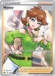 Rule 34 | 1girl, aqua eyeshadow, artist name, blue eyes, bracelet, brown hair, card (medium), character name, clothing cutout, company name, copyright name, copyright notice, earrings, english text, eyelashes, eyeshadow, fuse ryuuta, gold bracelet, green sweater, hand on own chest, hand on own hip, hip vent, honey (pokemon), indoors, jewelry, lens flare, lips, makeup, nail polish, nintendo, official art, pants, plant, pokemon, pokemon card, pokemon swsh, pokemon tcg, purple nails, short hair, shoulder cutout, smile, solo, sweater, third-party source, trading card, white pants