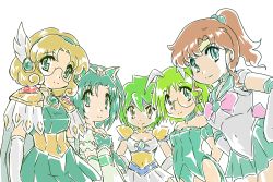 00s 1990s_(style) 5girls ai_tenshi_densetsu_wedding_peach akimoto_komachi angel_daisy armor armored_dress bishoujo_senshi_sailor_moon bow brown_eyes brown_hair choker color_connection crossover cure_mint dress gem glasses gloves green_eyes green_hair green_shirt green_skirt hair_color_connection hairband hands_on_own_hips high_ponytail hououji_fuu kino_makoto magic_knight_rayearth magical_girl mew_lettuce midorikawa_lettuce multiple_crossover multiple_girls official_alternate_costume okuri_ookami pink_bow ponytail precure retro_artstyle ribbon round_eyewear sailor_collar sailor_jupiter shirt short_hair skirt smile tamano_hinagiku tiara tokyo_mew_mew white_background white_skirt yes!_precure_5