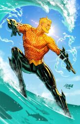 1boy aquaman_(dc) aquaman_(series) beard blonde_hair blue_sky david_nakayama day dc_comics facial_hair gloves green_gloves green_pants highres initial male_focus orange_shirt outdoors pants shirt short_hair sky solo standing water