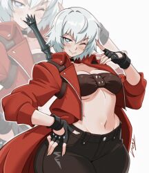 1girl belt_bra black_choker black_gloves blue_eyes breasts brown_pants choker cleavage coat dante_(devil_may_cry) devil_may_cry devil_may_cry_(series) devil_may_cry_3 fingerless_gloves genderswap genderswap_(mtf) gloves highres looking_at_viewer navel one_eye_closed pants rebellion_(sword) red_coat short_hair smile solo sword vizaz weapon white_hair wide_hips