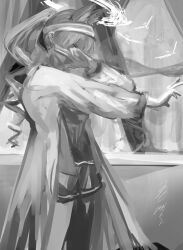 1girl 360_(taiyo360) absurdres angelina_(arknights) animal_ears arknights coat covering_face fox_ears greyscale hairband halo highres jacket long_hair monochrome open_clothes open_coat open_jacket outstretched_arm shirt short_shorts shorts solo striped_clothes striped_hairband twintails