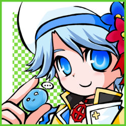 ... 1boy :3 arch_bishop_(ragnarok_online) black_choker blue_eyes blue_flower blue_hair border checkered_background choker closed_mouth commentary_request cross cross_choker cross_of_prontera flower green_background green_border hat hat_flower looking_at_viewer lowres male_focus marin_(ragnarok_online) ragnarok_online red_flower short_hair smile solo spoken_ellipsis tam_(ragnarok_online) white_background white_hat yazawa_kazuki