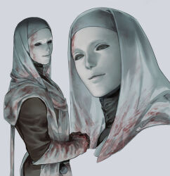 1boy alle_page blood blood_on_clothes blood_on_mask covered_face cowboy_shot elden_ring from_side gloves grey_background high_collar korean_commentary mask multiple_views own_hands_together pouch robe smile standing white-faced_varre white_hood white_mask white_robe