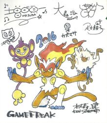 2016 aipom artist_name balancing_on_tail blue_eyes brown_eyes closed_mouth colored_sclera commentary company_name english_commentary gen_1_pokemon gen_2_pokemon gen_4_pokemon grin infernape legendary_pokemon mankey mew_(pokemon) monkey mythical_pokemon nintendo nostrils official_art on_one_knee outstretched_arms poke_ball_symbol pokemon pokemon_(creature) pokemon_focus signature simple_background smile species_connection spread_arms sugimori_ken teeth third-party_source traditional_media v-shaped_eyes white_background yellow_sclera