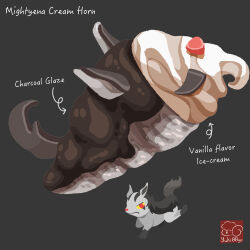 arrow_(symbol) artist_logo artist_name character-themed_food character_name food food_focus food_name gen_3_pokemon grey_background highres ice_cream icing logo mightyena nintendo no_humans pokemon pokemon_(creature) simple_background soft_serve yuki00yo