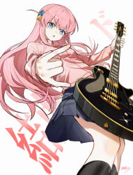 Rule 34 | 1girl, :o, \n/, absurdres, black skirt, black socks, blue eyes, bocchi the rock!, chinese text, cube hair ornament, dated, electric guitar, feet out of frame, gotoh hitori, grey background, guitar, hair ornament, highres, holding, holding guitar, holding instrument, instrument, jacket, kneehighs, light blush, long hair, long sidelocks, long sleeves, looking at viewer, miniskirt, parted lips, pink hair, pink jacket, pleated skirt, side ahoge, sidelocks, signature, skirt, socks, solo, standing, track jacket, variant set, yisjhui
