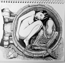 1girl 1other alien alien_(series) breasts chernyart commentary completely_nude cramped drooling english_commentary greyscale highres looking_at_viewer medium_breasts monochrome monster nipples nude original photo_(medium) saliva traditional_media xenomorph