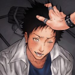 black_hair bracelet brown_eyes hand_on_another&#039;s_head highres jewelry katekyo_hitman_reborn! looking_up male_focus one_eye_closed ring shirt short_hair umkaqryi white_shirt yamamoto_takeshi