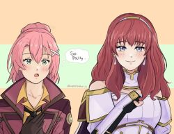 2girls appelsider armor breastplate cape celica_(fire_emblem) choker dress earrings eiyuu_densetsu fingerless_gloves fire_emblem fire_emblem_echoes:_shadows_of_valentia gloves green_eyes jacket jewelry juna_crawford long_hair multiple_girls necktie nintendo orange_shirt pink_hair princess purple_eyes red_hair sen_no_kiseki sen_no_kiseki_(series) sen_no_kiseki_iv shirt speech_bubble tiara touyama_nao voice_actor_connection white_armor white_dress