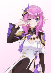 1girl ;) black_boots blue_eyes boots breasts cleavage commentary_request corset elf elysia_(honkai_impact) elysia_(miss_pink_elf)_(honkai_impact) hair_ornament highres honkai_(series) honkai_impact_3rd large_breasts long_hair one_eye_closed pink_hair pointy_ears shrug_(clothing) simple_background sitting smile solo tsuisuta_ill twitter_username white_background white_corset