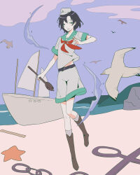 1girl absurdres anchor anchor_symbol beach belt bird black_belt black_hair blue_sky boat boots brown_boots chain collared_shirt full_body green_eyes hat highres holding holding_ladle knee_boots kneehighs ladle murasa_minamitsu neckerchief ocean outdoors red_neckerchief seagull shirt short_hair short_sleeves shorts sky socks solo starfish thursyue touhou water watercraft white_hat white_shirt white_shorts