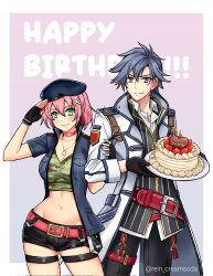 1boy 1girl belt black_gloves black_hair black_jacket black_pants black_shorts blue_coat blue_hat cake camouflage camouflage_shirt coat dog_tags eiyuu_densetsu falcom food gloves green_eyes hair_ornament happy_birthday hat jacket juna_crawford pants pink_hair pink_ribbon ponytail purple_eyes rean_schwarzer red_belt ribbon sen_no_kiseki_(series) shirt shorts smile unifom white_coat white_shirt wide_hips zipper