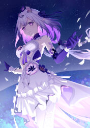1girl asymmetrical_gloves bare_shoulders black_tiara breasts bug butterfly castorice_(honkai:_star_rail) dress field flower flower_field gloves hair_flower hair_ornament highres honkai:_star_rail honkai_(series) insect long_hair medium_breasts pointy_ears purple_butterfly purple_eyes purple_gloves purple_hair solo tiara tyenka7728 uneven_gloves white_dress