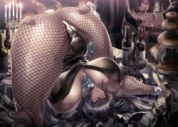 1girl animal_ears ass bad_tag black_hair black_leotard blue_archive blue_bow blue_bowtie blush bottle bow bowtie breasts candle dark-skinned_female dark_skin detached_collar fake_animal_ears fake_tail fishnet_pantyhose fishnets gloves highres huge_breasts karin_(blue_archive) karin_(bunny)_(blue_archive) leotard long_hair looking_at_viewer official_alternate_costume pantyhose playboy_bunny ponytail rabbit_ears rabbit_tail restart solo sweat tail thighs top-down_bottom-up traditional_bowtie wrist_cuffs yellow_eyes