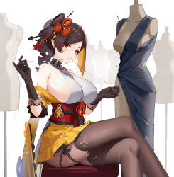 1girl absurdres alternate_breast_size black_gloves black_pantyhose black_thighhighs blonde_hair breasts brown_hair chiori_(genshin_impact) crossed_legs drill_hair freeeeeeeeeee genshin_impact gloves hair_ornament hair_stick highres japanese_clothes kimono large_breasts long_hair looking_at_viewer multicolored_hair needle pantyhose red_eyes sash sewing_needle short_kimono sitting skirt solo string_in_mouth thighhighs