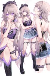 1girl absurdres alternate_costume bag belt black_boots black_choker black_hat boots breasts brown_hair choker cleavage crossed_legs grey_skirt hand_on_own_chin hat heart heart-shaped_eyewear herta_(honkai:_star_rail) highres holding holding_removed_eyewear honkai:_star_rail honkai_(series) jewelry key key_necklace median_furrow medium_breasts midriff minzu_u multiple_views necklace pleated_skirt purple-tinted_eyewear purple_belt purple_nails shirt shoulder_bag single_fishnet_legwear skirt smile strapless strapless_shirt stroking_own_chin the_herta_(honkai:_star_rail) tinted_eyewear unworn_eyewear white_background