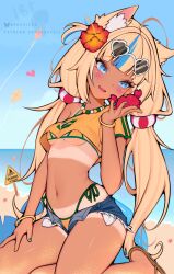 1girl alternate_costume ark_evil02 bangle beach bead_necklace beads bikini blonde_hair blue_eyes blue_hair blush bracelet brazilian_flag brazilian_flag_bikini brazilian_flag_print brazilian_miku brazilian_miku_(cosplay) breasts commentary cosplay crab cutoffs denim denim_shorts english_commentary exposed_pocket eyewear_on_head fingernails fins fish_girl fish_tail flag_print flag_print_bikini flower hair_flower hair_ornament hatsune_miku heart highres indie_virtual_youtuber jewelry loli long_hair multicolored_hair nail_polish necklace print_bikini sameko_saba sand sandals shorts small_breasts solo stomach streaked_hair sunglasses swimsuit tail tan tanline virtual_youtuber vocaloid