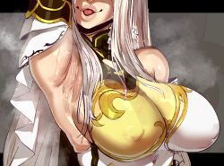1girl arm_up armpit_focus armpits arms_up artist_name breasts close-up covered_erect_nipples genshin_impact huge_breasts liuskin ningguang_(genshin_impact) open_mouth out_of_frame patreon_logo patreon_username presenting_armpit solo steaming_body subscribestar_logo subscribestar_username sweat white_hair