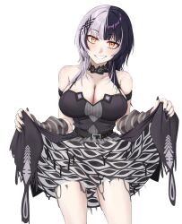 1girl absurdres arm_strap black_arm_warmers black_choker black_dress black_hair black_nails black_panties breasts choker cleavage clothes_lift dress dress_lift gluteal_fold grey_hair grin highres hololive hololive_english large_breasts lifting_own_clothes long_hair looking_at_viewer mmneko multicolored_hair navel panties ribbon shiori_novella shiori_novella_(1st_costume) slime_(substance) smile solo split-color_hair striped_arm_warmers teeth transparent_background two-tone_hair underwear virtual_youtuber white_ribbon yellow_eyes