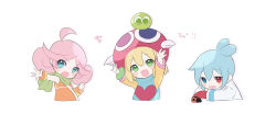 1boy 2girls aged_down ahoge amitie_(puyopuyo) antenna_hair arms_up blue_eyes blue_hair blue_sweater bug colored_skin cropped_torso crossed_arms deformed dress drop_shadow flipped_bangs green_eyes green_scarf hands_up hat head_rest heart heart_print heterochromia highres insect kashima_miyako ladybug looking_at_animal mini_amitie mini_raffina mini_sig multiple_girls no_nose open_mouth pink_hair puyopuyo puyopuyo_7 raffina_(puyopuyo) red_hat scarf sig_(puyopuyo) simple_background sweater upper_body white_background white_skin yellow_dress yellow_sleeves