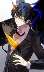 1boy asymmetrical_horns black_hair black_jacket blue_horns collared_shirt energy energy_wings highres horns impaled jacket looking_at_viewer male_focus mismatched_horns original red_horns shirt short_hair simple_background solo tower_of_god twenty-fifth_bam white_shirt wings yellow_eyes yukii_masako