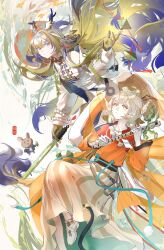 2girls absurdres aqua_eyes aqua_ribbon arknights bare_shoulders beads belt blonde_hair blue_hair chinese_clothes chinese_commentary commentary_request dragon_girl dragon_horns earrings floating flute grain_buds_(arknights) grain_buds_(fragrant_pace)_(arknights) green_skirt grey_hair grey_skirt grin hair_between_eyes hair_spread_out highres holding holding_flute holding_instrument holding_sword holding_weapon horns instrument jacket jewelry long_hair long_skirt long_sleeves looking_at_viewer multicolored_hair multiple_girls necklace off_shoulder open_clothes open_jacket orange_eyes orange_shawl orange_shirt oy_youyou_yo pointy_ears ribbon shawl shirt shu_(arknights) sketch skirt smile strapless sword tube_top two-sided_fabric two-sided_skirt weapon white_belt white_jacket white_tube_top