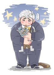 Rule 34 | absurdres, another eidos-r, bag, bara, blue eyes, blush, bodysuit, cat, company employee (another eidos), copyright name, copyright request, goggles, highres, koginoro, male focus, shirt, simple background, sky, star (sky), starry sky, translation request, white hair, white shirt