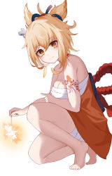 1girl absurdres arm_tattoo bandages bare_arms bare_legs bare_shoulders barefoot blonde_hair breasts chest_sarashi cleavage commentary genshin_impact hair_between_eyes highres holding looking_at_viewer mxr pointy_hair sarashi short_hair simple_background solo tattoo thighs white_background yellow_eyes yoimiya_(genshin_impact)