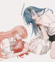 3girls absurdres ahoge aqua_eyes arknights black_halo black_horns black_shorts blue_hair bound bound_wrists clenched_teeth collarbone collared_shirt commentary dress_shirt feather_hair fiammetta_(arknights) g_xio111 hair_between_eyes halo hand_on_another&#039;s_face highres holding_hands horns kneeling lemuen_(arknights) long_hair looking_at_another looking_down lying mostima_(arknights) multiple_girls on_back partially_unbuttoned pink_eyes pink_hair pink_halo red_eyes shirt short_hair short_shorts shorts sleeves_pushed_up smile symbol-only_commentary teeth traditional_halo white_shirt yuri