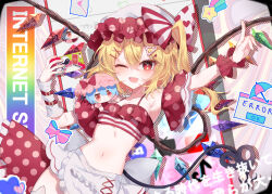 1girl absurdres apron bikini blonde_hair bow character_doll crystal crystal_wings detached_sleeves discord_logo error_message fang flandre_scarlet frilled_headwear frilled_sleeves frills hair_ornament hairclip hat hat_bow heart heart_in_eye heart_print highres internet_survivor laevatein_(tail) letter long_hair looking_at_viewer love_letter niconico one_eye_closed one_side_up open_mouth pointing polka_dot polka_dot_bikini print_bow red_bikini red_bow red_eyes remilia_scarlet rori82li shooting_star single_wrist_cuff solo stomach striped_bow striped_clothes swimsuit symbol_in_eye tail terebi-chan touhou waist_apron white_apron white_bow window_(computing) wings wrist_cuffs yin_yang youtube_logo