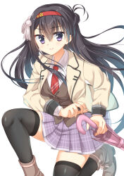 &gt;:) 1girl black_hair black_thighhighs boots braid breasts brown_boots brown_vest closed_mouth collared_shirt commentary_request eyes_visible_through_hair fighting_stance floating_hair fuyukichi_(nikoniko1567) grey_skirt hair_between_eyes hair_ornament hairband half_up_braid highres holding holding_umbrella jacket kikka_academy_school_uniform long_hair long_sleeves looking_at_viewer medium_breasts miniskirt necktie nijouin_hazuki on_one_knee open_clothes open_jacket pink_umbrella plaid_clothes plaid_skirt pleated_skirt red_hairband red_necktie riddle_joker school_uniform shirt simple_background skirt smile solo tassel tassel_hair_ornament thighhighs umbrella v-shaped_eyebrows very_long_hair vest white_background white_shirt yellow_jacket zettai_ryouiki