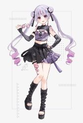 1girl :d black_boots black_skirt black_sleeves boots breasts commentary_request crop_top detached_sleeves double_bun full_body gradient_hair hair_bun hand_on_own_hip hand_up highres holding holding_removed_eyewear long_hair long_sleeves looking_at_viewer midriff multicolored_hair open-toe_boots open_mouth pink-tinted_eyewear pink_hair platform_boots pleated_skirt purple_shirt red_eyes red_hair ringlets rino_cnc round_eyewear shirt short_eyebrows skirt sleeveless sleeveless_shirt sleeves_past_wrists small_breasts smile solo standing standing_on_one_leg streaked_hair thick_eyebrows tinted_eyewear tosaki_mimi twintails unworn_eyewear very_long_hair virtual_youtuber vspo!