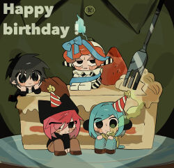 5boys animal_ears animal_hat birthday_cake black_eyes black_hair blue_hair cake cake_slice candle cat_hat cat_tail clown facial_mark fake_animal_ears fake_tail food fork gakuran green_background happy_birthday hat highres looking_at_viewer luther_von_ivory male_focus marijuana mini_person miniboy multiple_boys nyen_(randal&#039;s_friends) nyon_(randal&#039;s_friends) party_hat pink_hair r_mame_n randal&#039;s_friends school_uniform sebastian_de_tomato_smith_chicken_legs short_hair smoke strawberry_cake tail tsukada_satoru whisker_markings