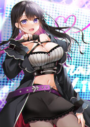 1girl :d absurdres bare_shoulders belt belted_skirt black_coat black_hair black_pantyhose black_skirt blush breasts cleavage coat colored_inner_hair commentary_request commission earrings highres holding holding_microphone idol jewelry koinoya_mai lace lace-trimmed_skirt lace_trim large_breasts long_hair looking_at_viewer microphone mole mole_under_eye multicolored_hair navel o-ring off_shoulder open_clothes open_coat open_mouth pantyhose propro_production purple_belt purple_eyes skeb_commission skirt smile solo stage stage_lights two-tone_hair virtual_youtuber yam_(yamap_mako)