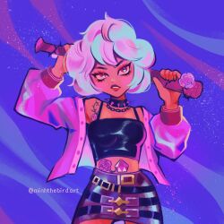 Rule 34 | 1girl, baseball bat, belt, black camisole, blue background, blue hair, breasts, camisole, chain, chain necklace, collar, cowboy shot, curly hair, eyeshadow, flower tattoo, frown, holding, holding baseball bat, jacket, jewelry, makeup, midriff, mimpish, miniskirt, multiple belts, necklace, orange eyeshadow, original, parted lips, pink diamond (steven universe), pink hair, pink jacket, skirt, small breasts, solo, spiked collar, spikes, steven universe, stomach jewel, tattoo, thorns