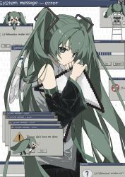 &gt;_&lt; 4girls absurdres bare_shoulders binary chibi chinese_commentary closed_mouth commentary_request cowboy_shot cursor detached_sleeves english_text error_message green_eyes green_hair hatsune_miku highres holding invers latin_text long_hair long_sleeves looking_at_viewer mini_person minigirl multiple_girls original sign standing twintails very_long_hair vocaloid warning_sign window_(computing)