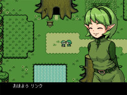 1girl arms_behind_back child closed_eyes gameplay_mechanics green_hair nature nintendo pixel_art pointy_ears saria_(zelda) smile the_legend_of_zelda the_legend_of_zelda:_ocarina_of_time tree u~ra