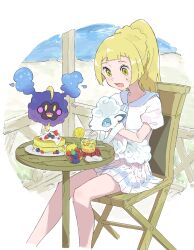 1girl absurdres blonde_hair chair commentary_request cosmog cup day drinking_straw eyelashes food gen_7_pokemon green_eyes highres holding holding_pokemon legendary_pokemon lillie_(pokemon) long_hair looking_down nintendo open_mouth plate pleated_skirt pokemon pokemon_(anime) pokemon_(creature) pokemon_sm_(anime) pokeseru ponytail shirt short_sleeves sitting skirt sliced_fruit sweat table tongue white_shirt white_skirt
