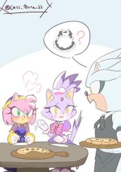 1boy 2girls amy_rose amy_rose_(fortune_teller) animal_ears blaze_the_cat blaze_the_cat_(magical_girl) blush cass_terra_22 cat_ears cat_girl cat_tail commentary dress embarrassed food furry furry_female furry_male green_eyes hedgehog_boy hedgehog_girl magical_girl multiple_girls pizza purple_dress signature silver_the_hedgehog silver_the_hedgehog_(butler) sonic_(series) sonic_channel sonic_speed_simulator symbol-only_commentary tail waiter yellow_eyes