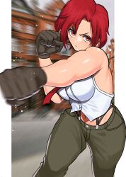1girl akisu_k breasts female_focus formal_clothes gloves large_breasts leather looking_at_viewer outdoors pale_skin pants red_eyes red_hair shirt short_hair sleeveless standing suspenders the_king_of_fighters thighs vanessa_(kof) white_shirt