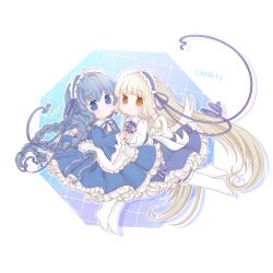 2girls animal_ears apron blonde_hair blue_dress blue_eyes blue_hair bow braid chii chobits classic_lolita dress edamame_(edame025) frilled_hairband frills hair_tubes hairband highres lolita_fashion long_hair looking_at_viewer maid multiple_girls persocom_(chobits) ribbon robot_ears twin_braids very_long_hair white_apron white_bow yellow_eyes yuzuki_(chobits)