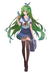1girl absurdres alternate_costume animal animal_on_head bad_id bad_pixiv_id bag bird black_shoes black_thighhighs blue_sailor_collar blue_skirt commentary contemporary female_focus frog_hair_ornament green_eyes green_hair hair_between_eyes hair_ornament hair_tubes hand_up highres holding holding_bag kochiya_sanae loafers long_hair miniskirt mxr neckerchief on_head pleated_skirt red_neckerchief sailor_collar school_bag school_uniform serafuku shirt shoes simple_background single_sidelock skirt snake_hair_ornament solo thighhighs touhou very_long_hair white_background white_shirt zettai_ryouiki
