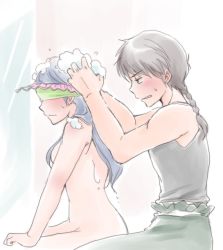 Rule 34 | blindfold, blush, hanamutsuki, nude, ranma 1/2, saotome ranma, soap, sweat, tendou akane