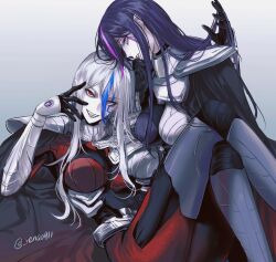 2girls armor black_hair blue_streaks bodysuit cape eva_(hundred_line) facial_mark grey_background heterochromia highres multicolored_hair multiple_girls open_mouth parted_lips purple_eyes purple_hair purple_streaks red_eyes rena_(renasight) shoulder_armor smile streaked_hair the_hundred_line_-last_defense_academy- v&#039;ehxness white_hair