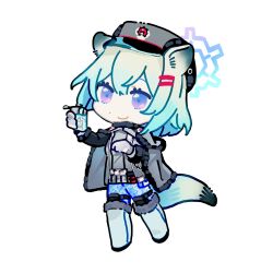 1girl animal_ears blue_archive blue_hair blue_halo boots cape closed_mouth dress full_body fur-trimmed_boots fur_trim gloves grey_boots grey_cape grey_dress grey_gloves grey_hat halo hat highres shigure_(blue_archive) short_hair smile solo tail thigh_boots weasel_ears weasel_girl weasel_tail yi_lang7693