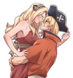 1boy 1girl :t absurdres bare_arms black_hat blonde_hair breasts brown_eyes carrying couple dr._stone dress eye_contact grin hair_between_eyes hat highres hokutouzai_minami izumi_whale large_breasts long_hair looking_at_another nanami_ryuusui orange_shirt red_dress shirt short_sleeves sleeveless sleeveless_dress smile white_background