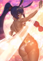 1girl animal_ears armlet ass bare_shoulders bikini blurry bokeh bracelet breasts butt_crack clenched_hands closed_mouth covered_erect_nipples cowboy_shot dark-skinned_female dark_skin depth_of_field dutch_angle earrings extra_ears fate/grand_order fate_(series) from_behind gold_earrings hair_between_eyes hair_tie hands_up high_ponytail holding_sarong hoop_earrings jackal_ears jewelry long_hair long_sidelocks looking_at_viewer looking_back low-tied_sidelocks marking_on_cheek median_furrow medium_breasts nitocris_(fate) nitocris_(fate/grand_order) nitocris_(swimsuit_assassin)_(fate) nitocris_(swimsuit_assassin)_(third_ascension)_(fate) official_art outstretched_arms ponytail purple_eyes sarong see-through_clothes see-through_sarong shima_udon shoulder_blades sidelocks smile solo strapless strapless_bikini sunset swimsuit third-party_source tiara unworn_sarong very_long_hair white_bikini